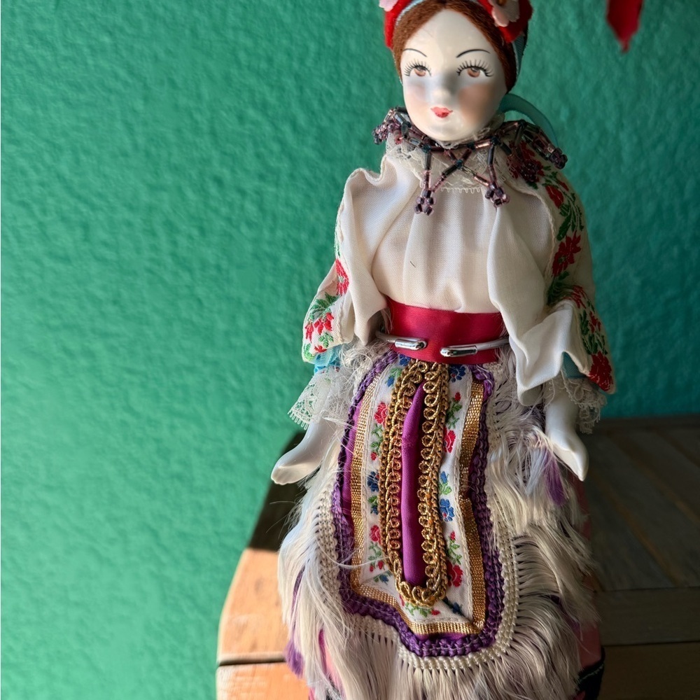 Vintage Traditional Hungarian ￼Costume Hand Painted Porcelain Doll on Stand